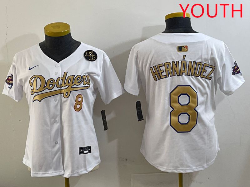 Youth Los Angeles Dodgers #8 Hernandez White Gold Game Nike 2025 MLB Jersey style 4295